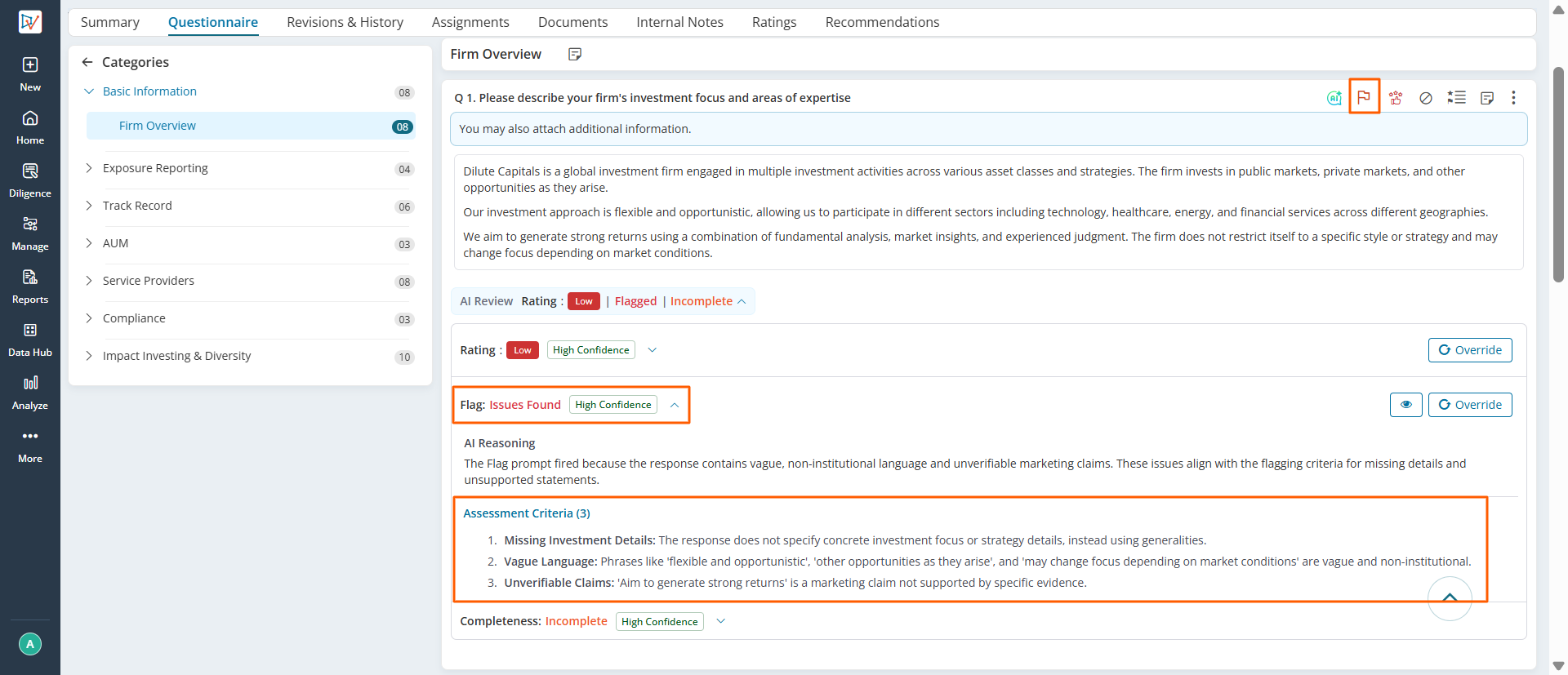 Response showing Flag: Issues Found with High Confidence tag, AI Reasoning, and Assessment Criteria panel