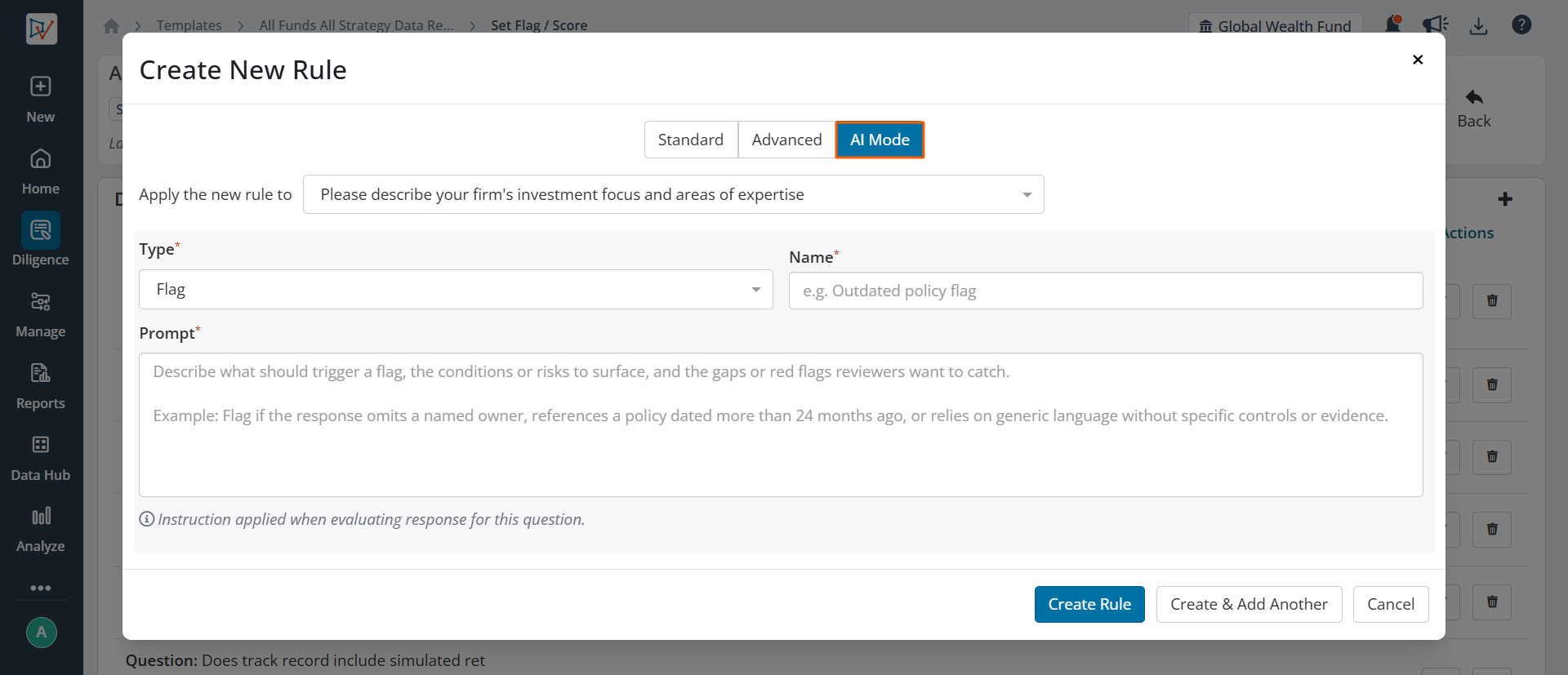 Create New Rule modal with AI Mode tab selected, showing Type, Name, and Prompt fields