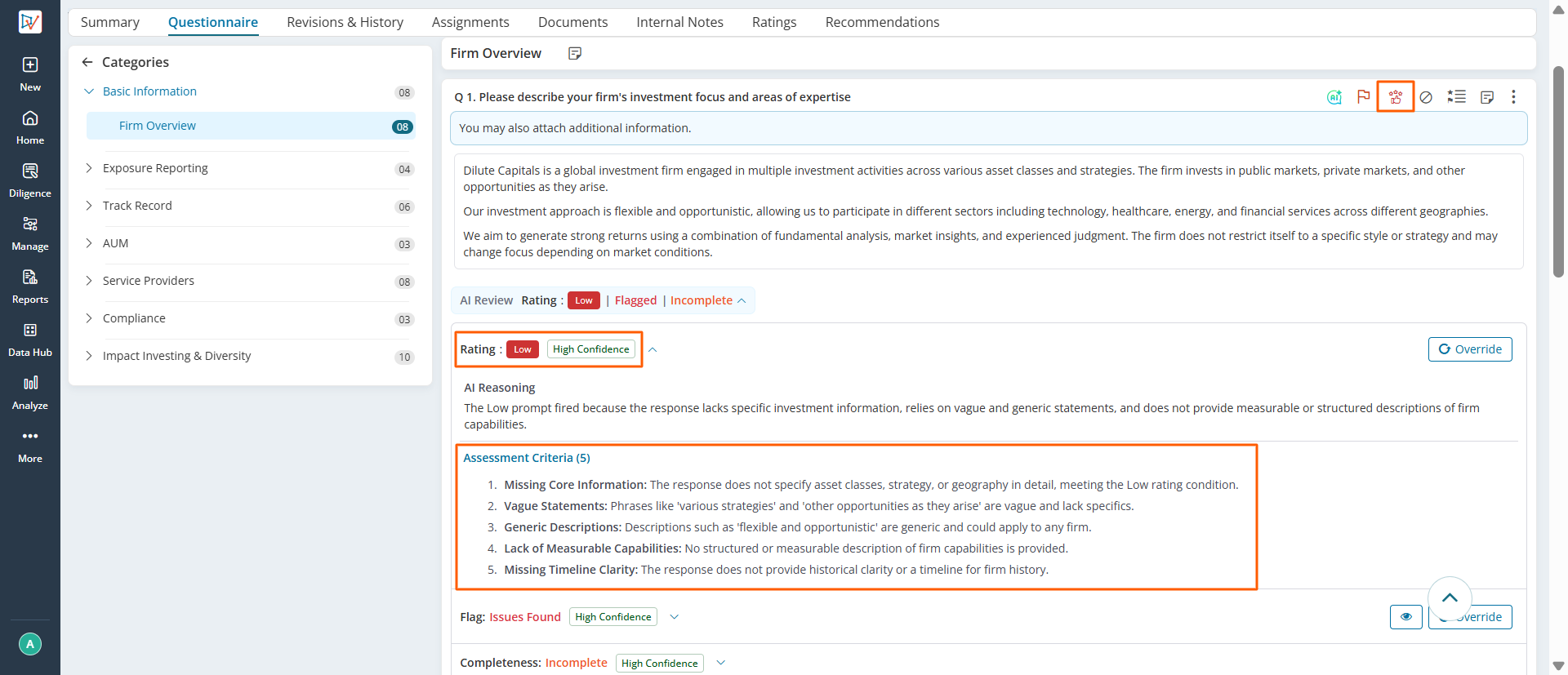 Response showing Rating: Low with High Confidence tag, AI Reasoning, and Assessment Criteria panel
