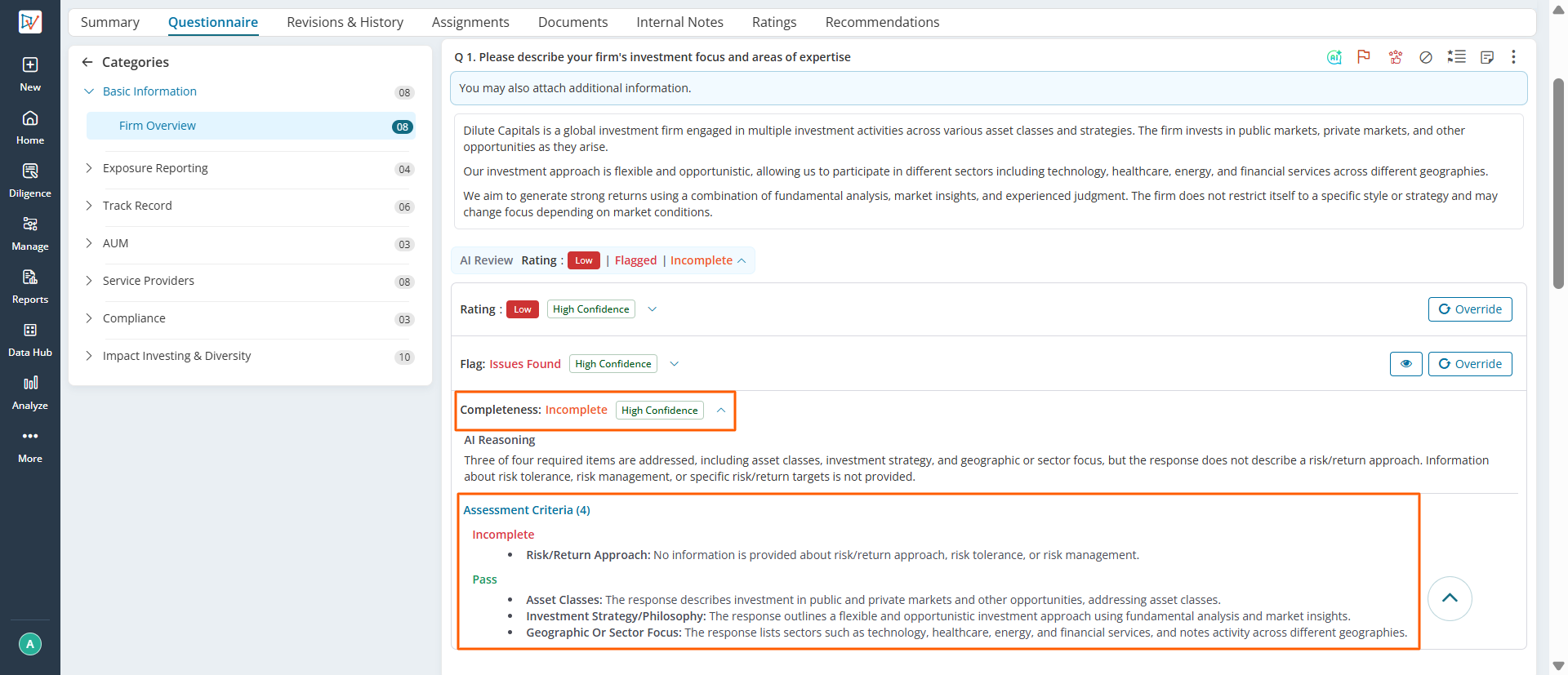 Response showing Completeness: Incomplete with High Confidence tag, AI Reasoning, and Assessment Criteria panel with Incomplete and Pass sub-sections