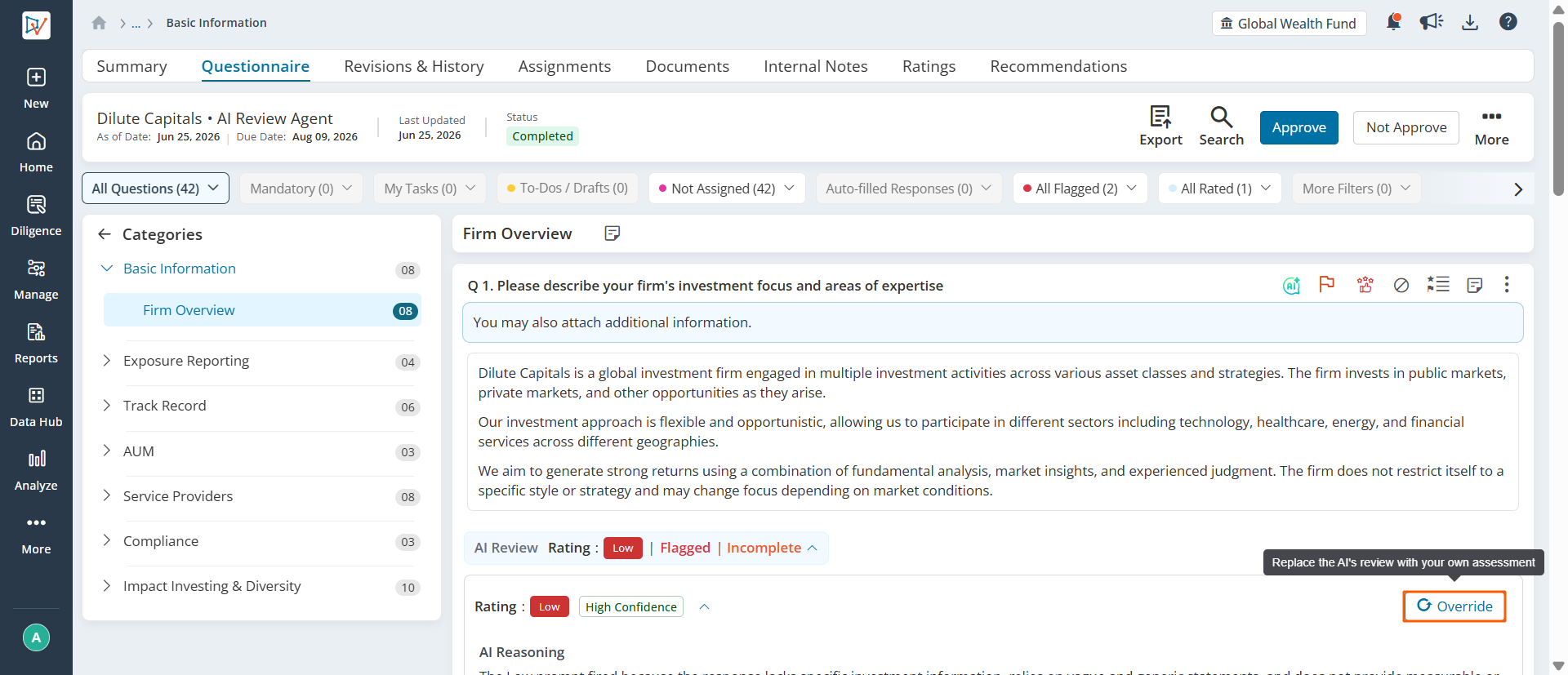 Project view showing the Override button highlighted with tooltip: Replace the AI's review with your own assessment