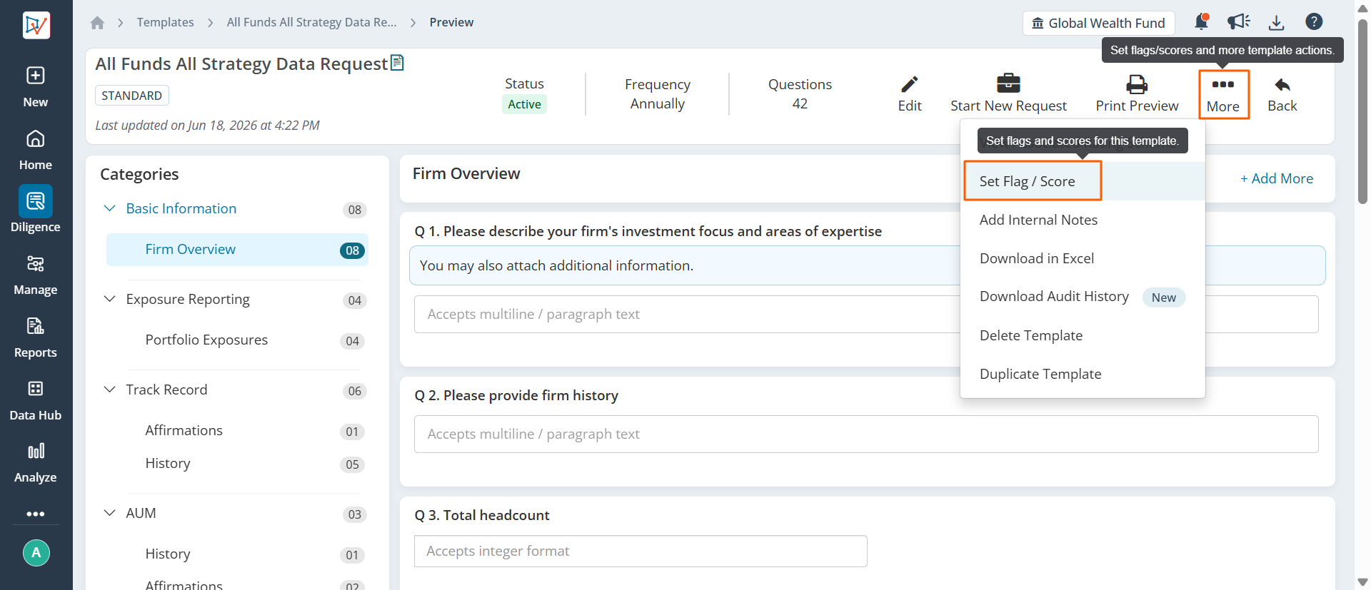 Template preview showing the More dropdown with Set Flag / Score highlighted