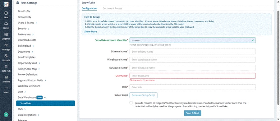 Title: The Snowflake Configuration screen in DiligenceVault - Description: The Snowflake Configuration screen in DiligenceVault