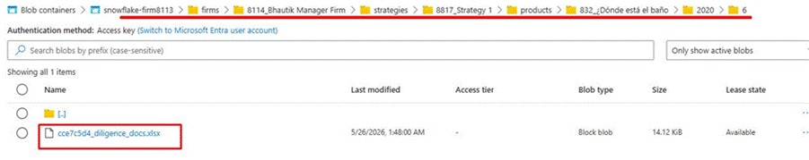 Title: Azure blob storage showing the nested firm, strategy, product path - Description: Azure blob storage showing the nested firm, strategy, product path