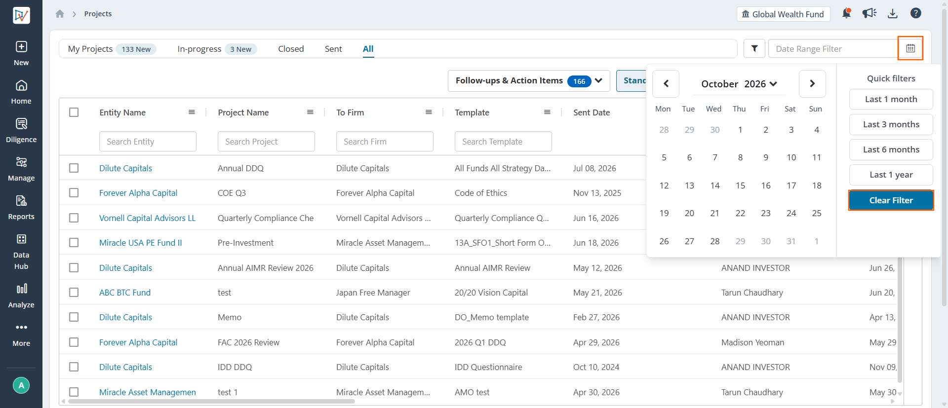 Calendar panel with quick filters and Clear Filter