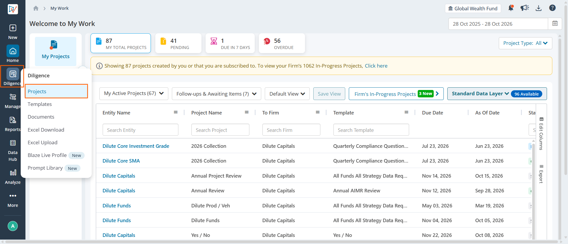Diligence menu with Projects selected