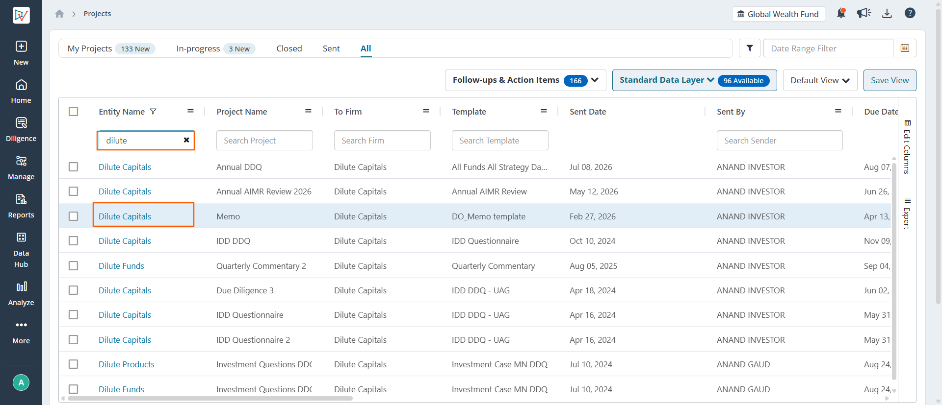 Entity Name search applied and the project link highlighted