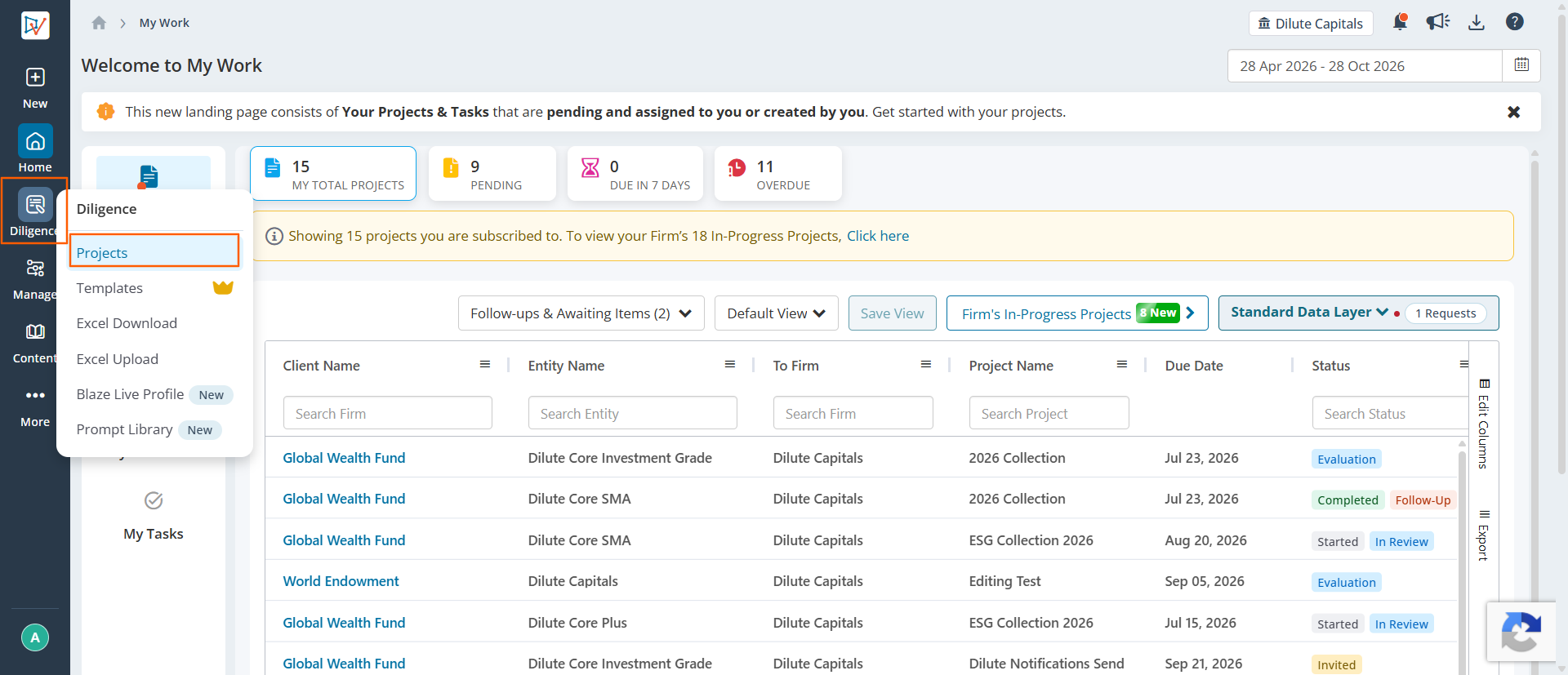 Diligence menu with Projects selected