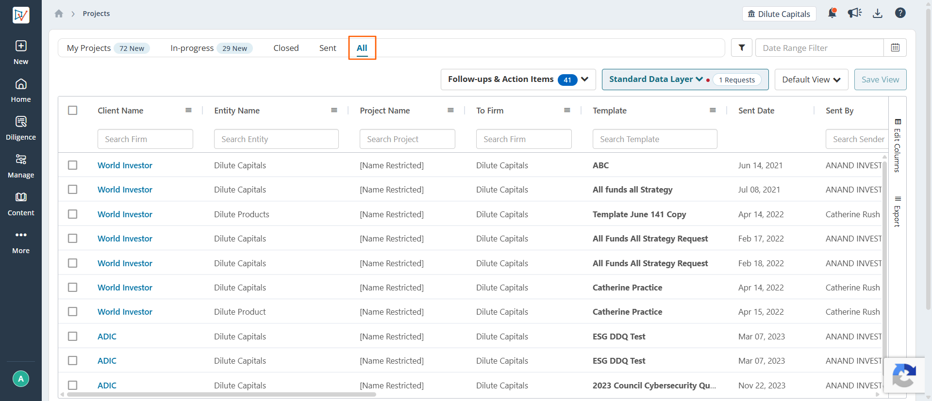 All tab selected on the Projects page