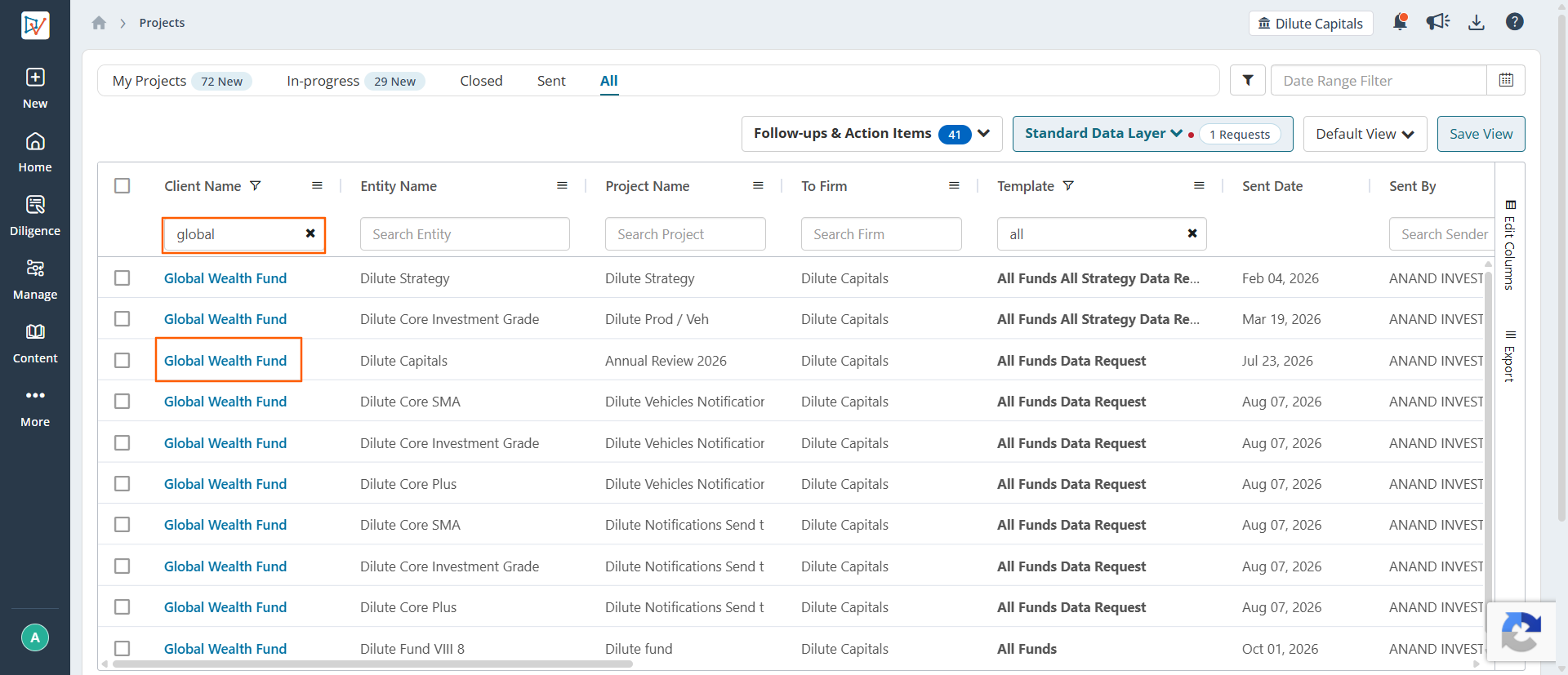Client Name and Template searches applied and the project link highlighted