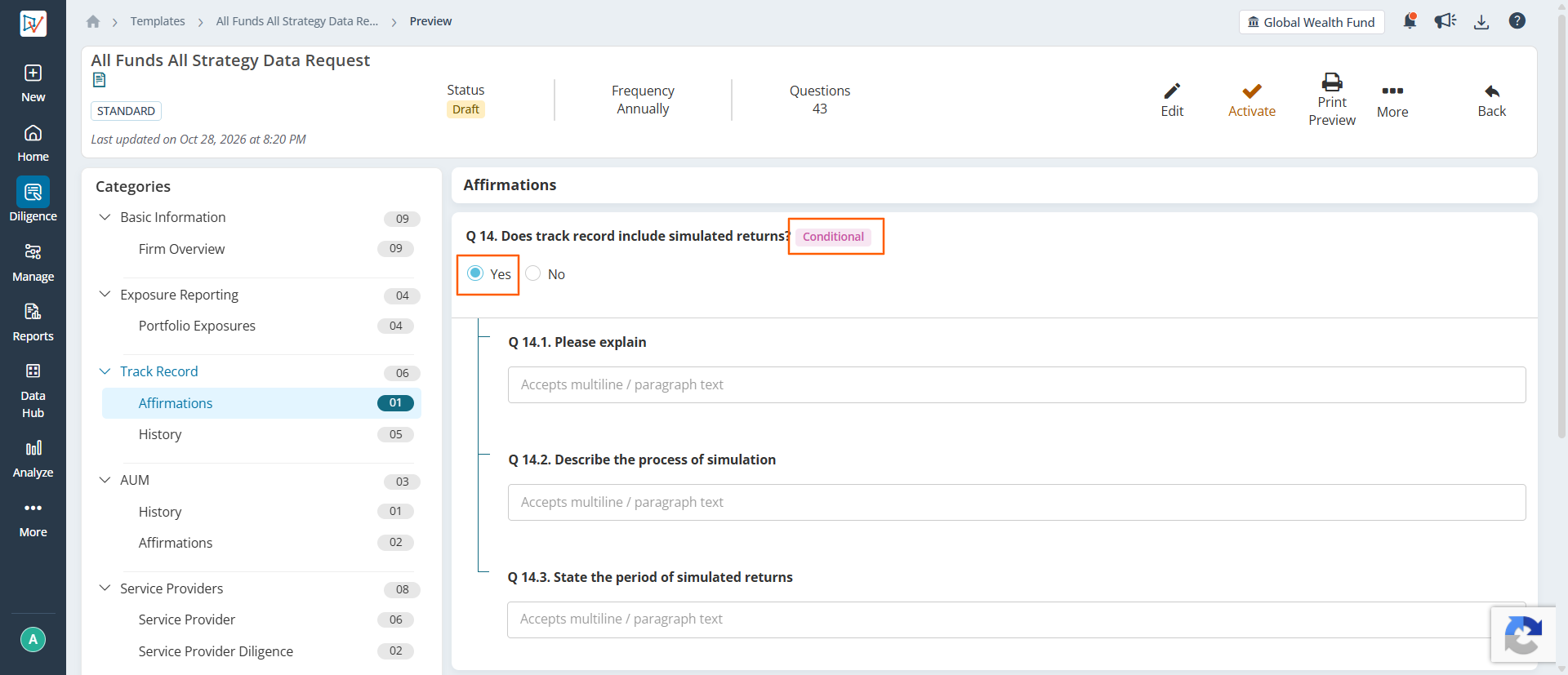 Selecting Yes reveals nested questions Q 14.1 to Q 14.3