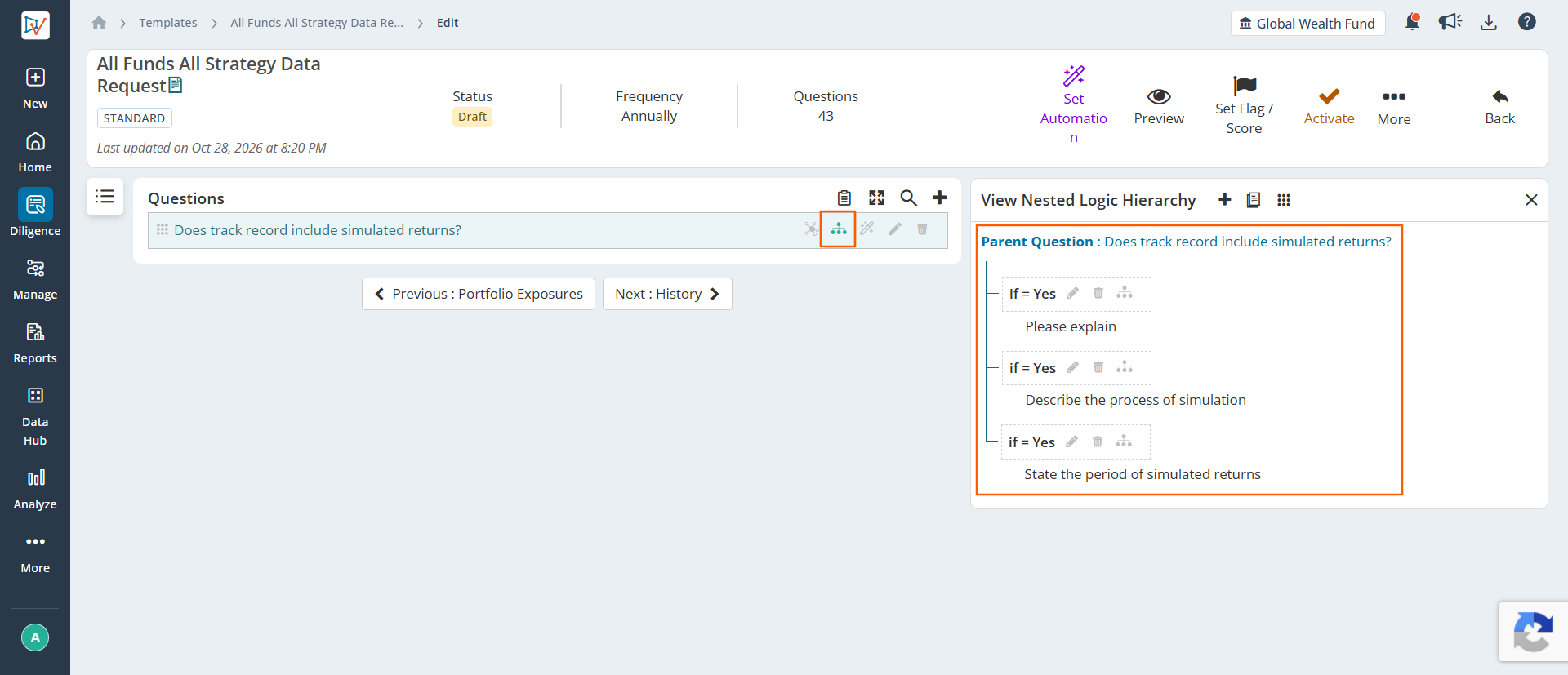 Saved nested questions in the View Nested Logic Hierarchy panel